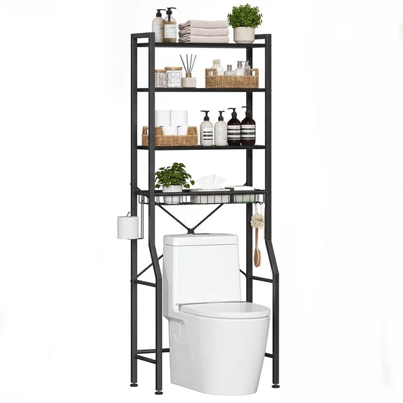 edx Over-The-Toilet Storage Rack, 4-Tier Space Saver Bathroom Organizer Shelf with Basket, Hooks & Paper Holder, Storage Cabinet Above Toilet for Room