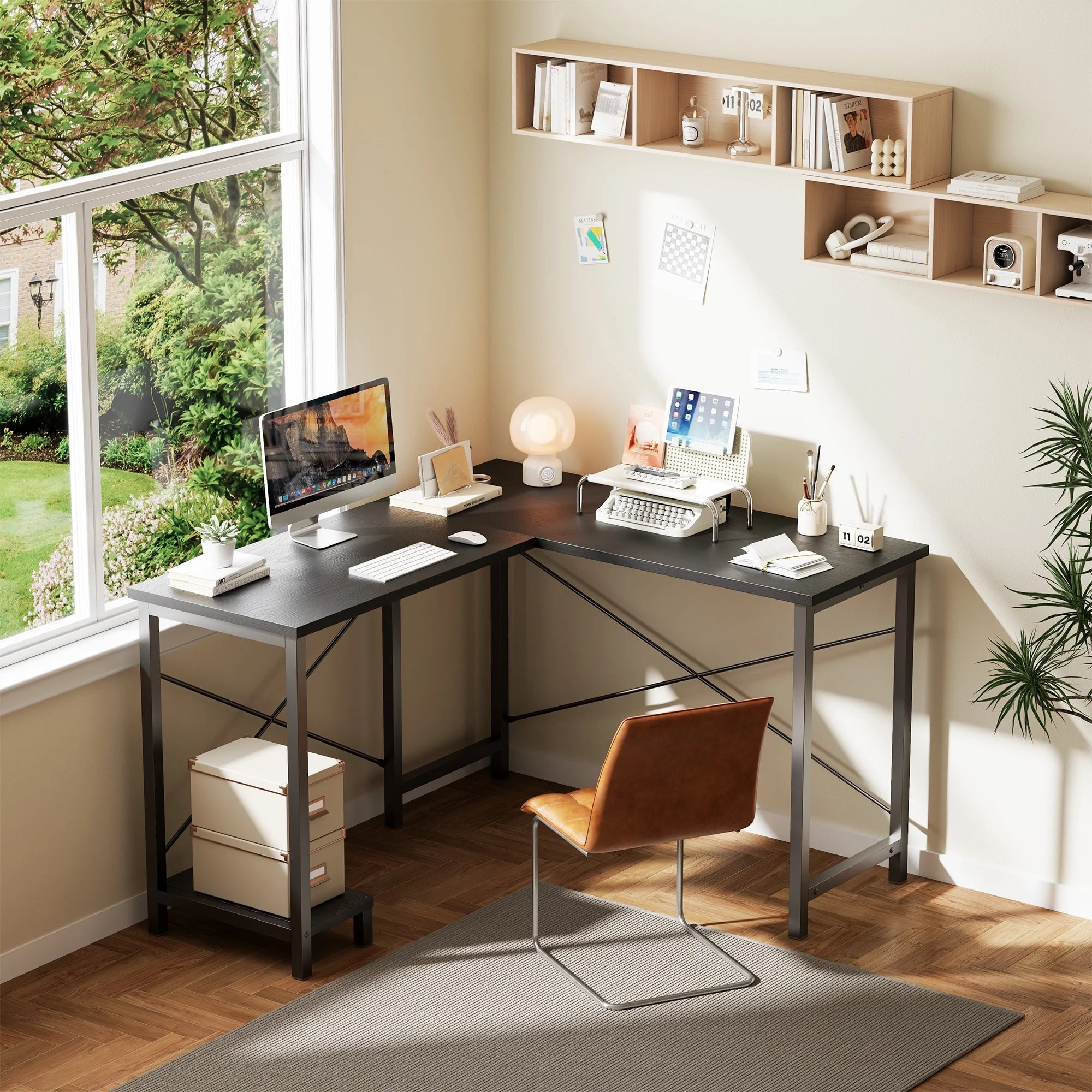 EDX 39 Inch L Shaped Computer Desk with Power Outlet& LED Lights, Corner Gamer Desk Table with Storage Shelves & Monitor Stand, for Home Office