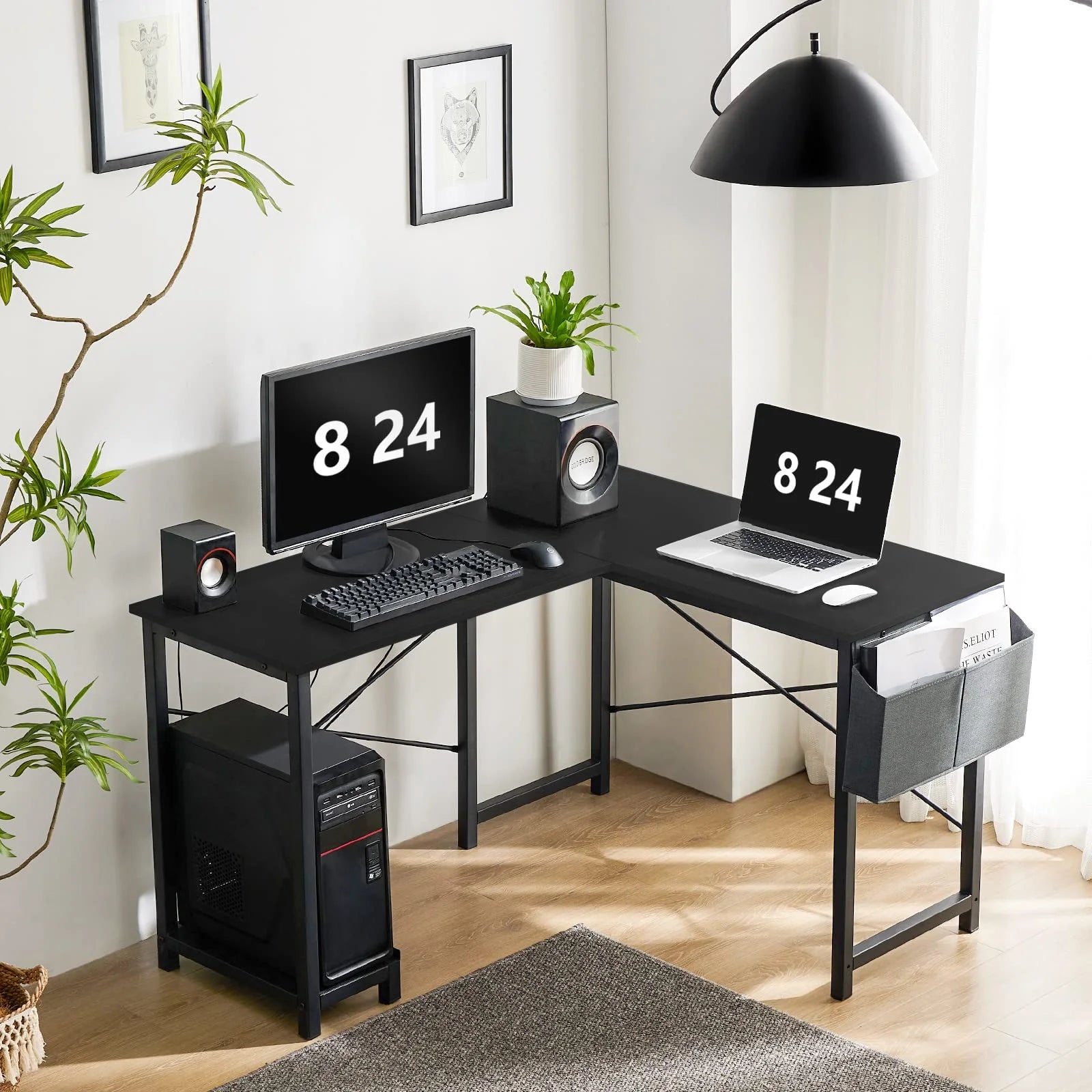 Office Desk, L Shaped Corner Computer Desk with Side Storage Bag and CPU Stand Shelf, 49 Inch