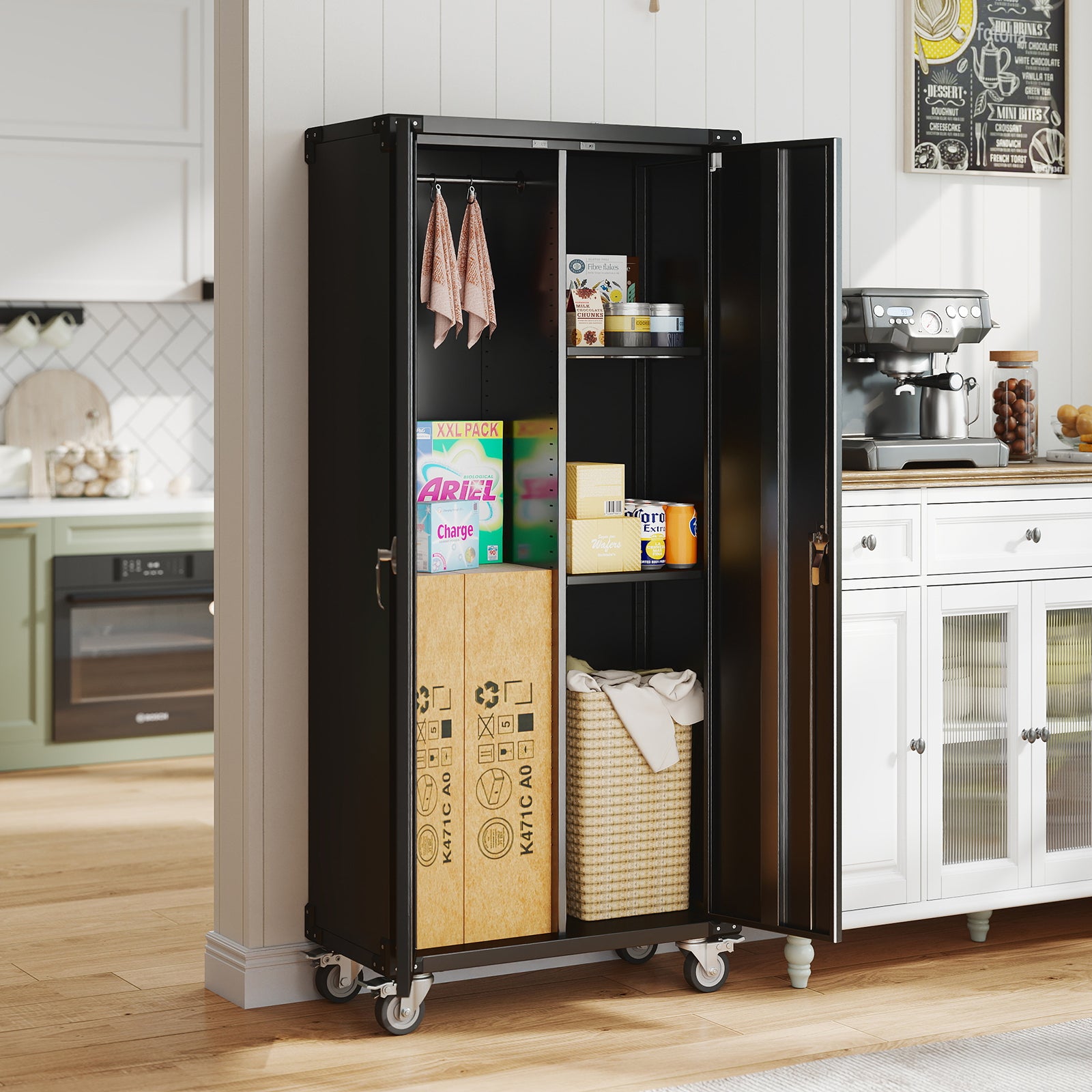 EDX Metal Rolling Storage Cabinet with Pegboard , Locking Garage Cabinets with Adjustable Shelves, for Home, Office, Garage, Black