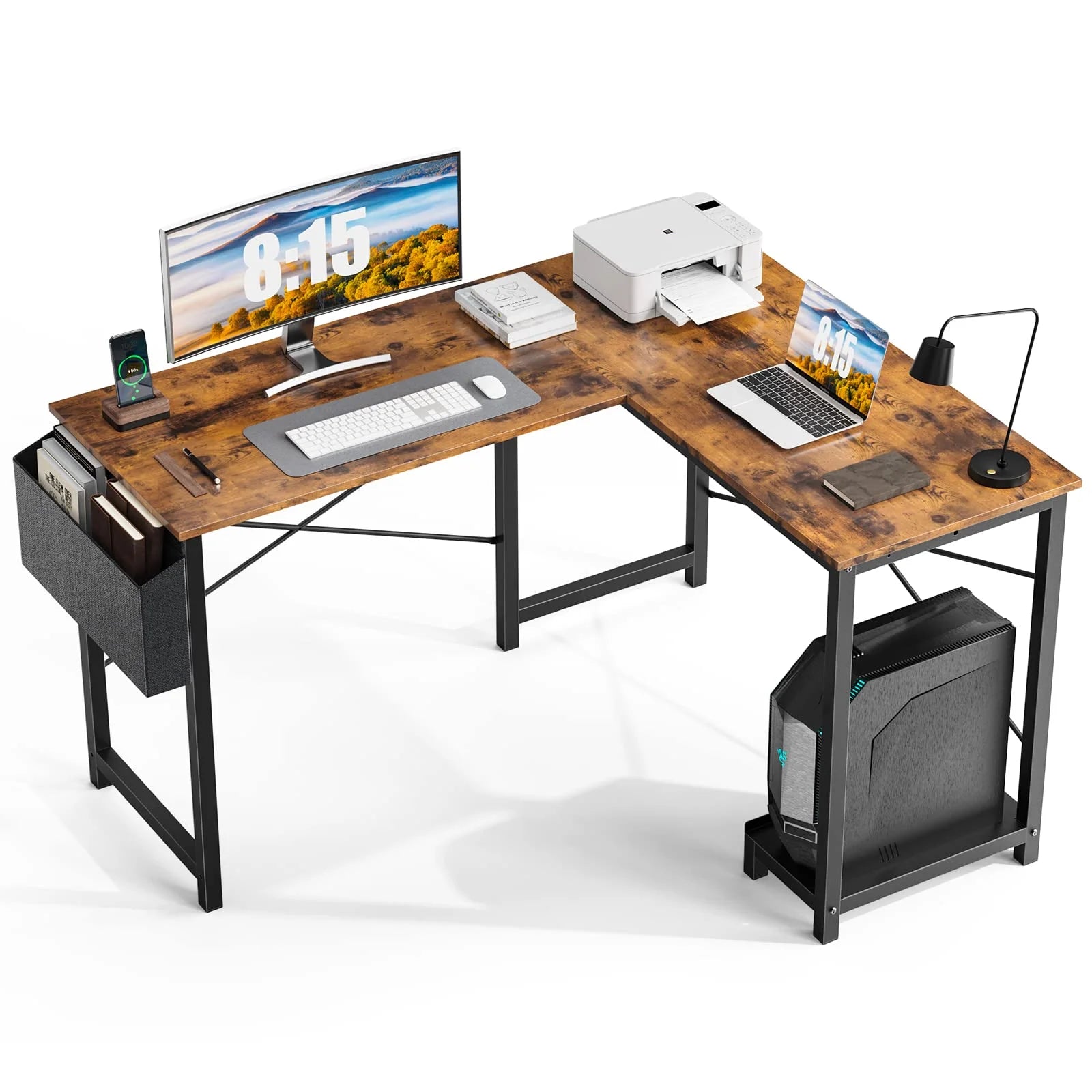 Office Desk, L Shaped Corner Computer Desk with Side Storage Bag and CPU Stand Shelf, 49 Inch