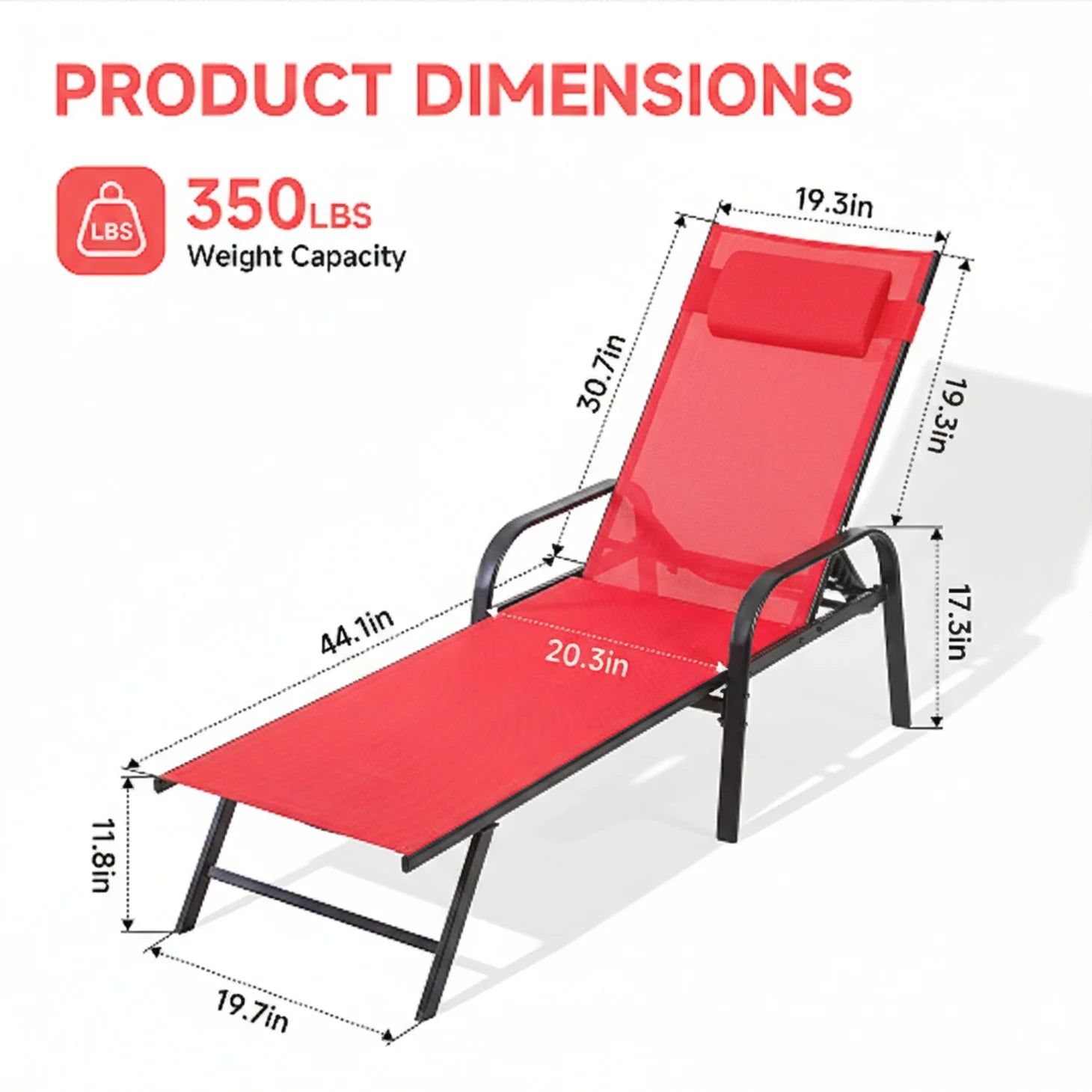 EDX Park Steel Stacking Chaise Lounge Chair for Outdoor Patio, Red