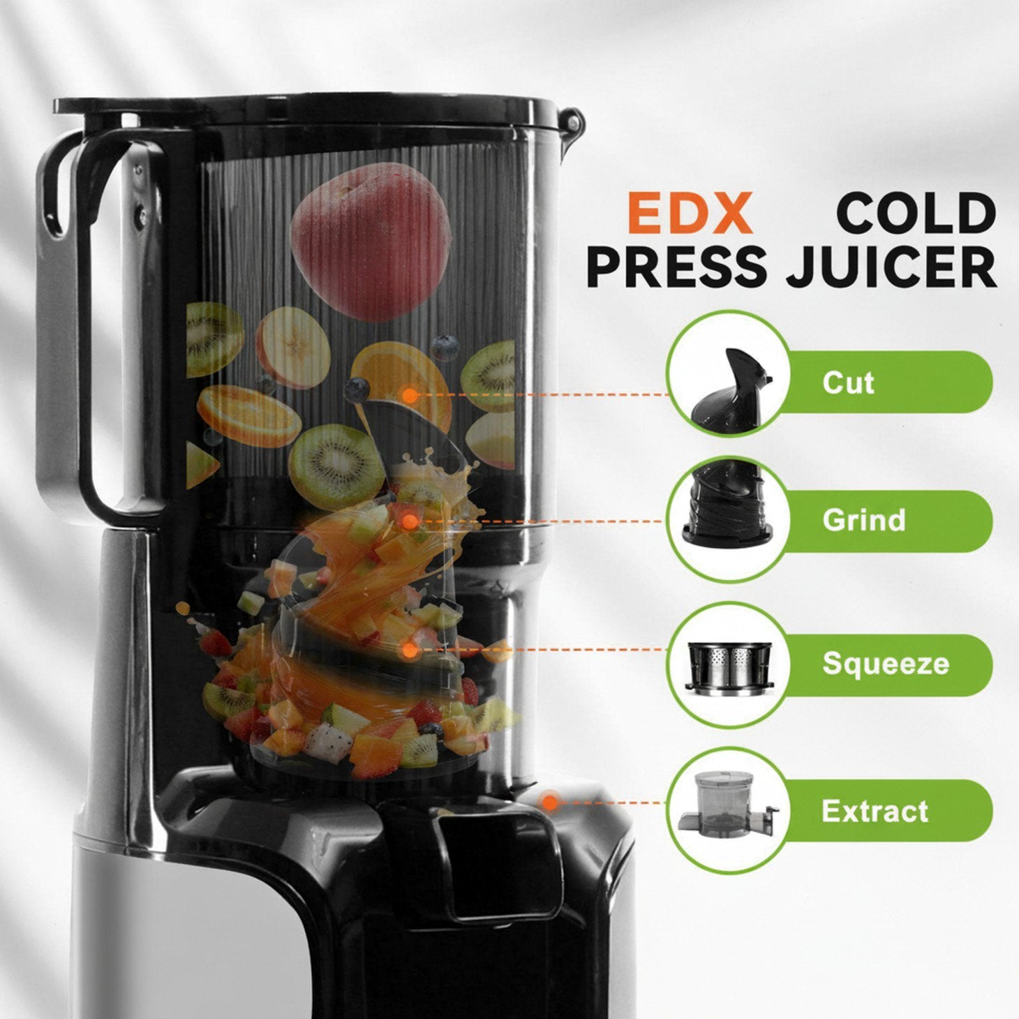 edx Cold Press Juicer, 4.25" Wide Feed Chute, 200W Slow Grinding Juicer, Accommodates Whole Fruits and Vegetables, High Juice Yield