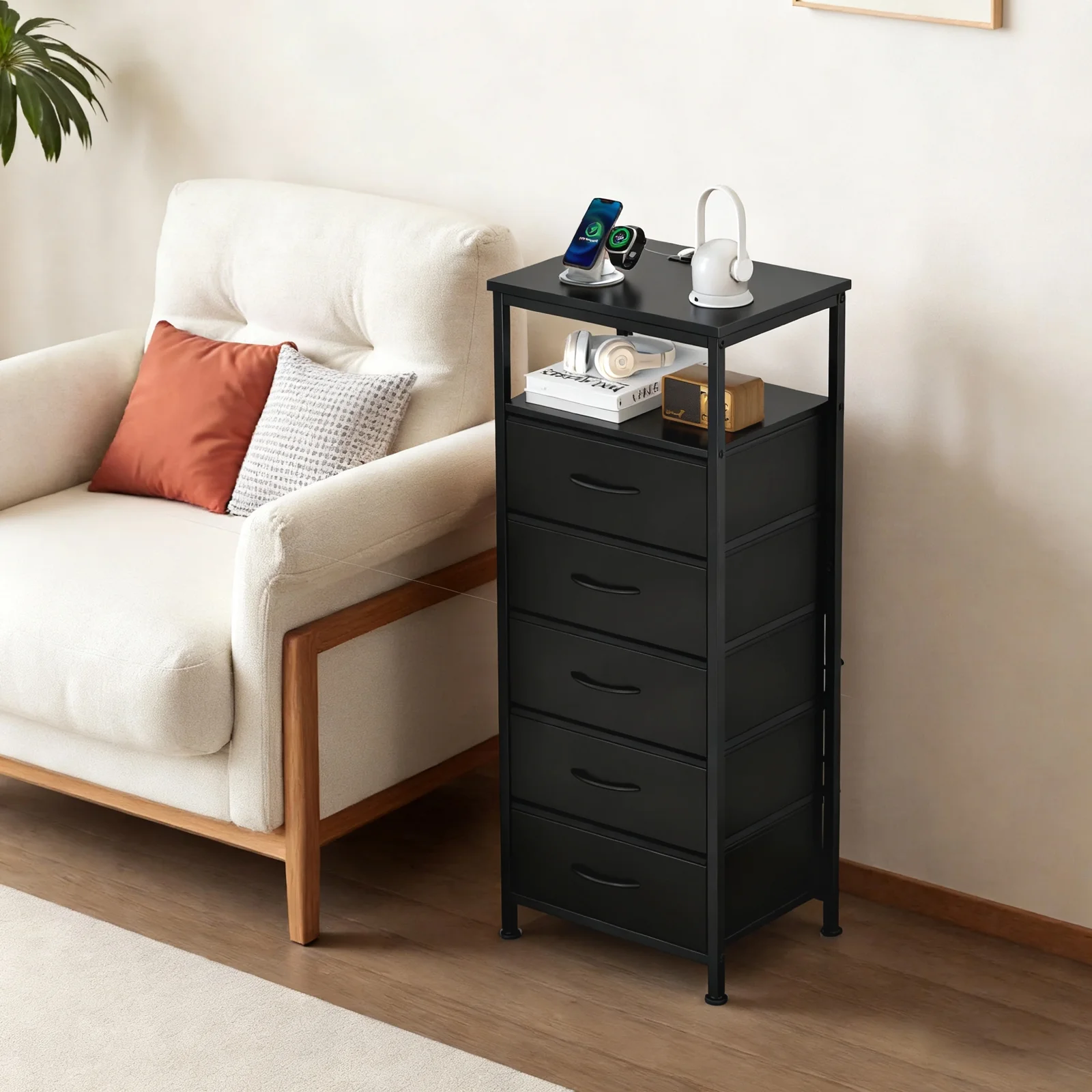 edx Fabric Drawers Nightstand with Charging Station & USB/Type-C Ports and Outlets, Variable Light Strip Bedside End Table with Adjustable Feet for Bedroom