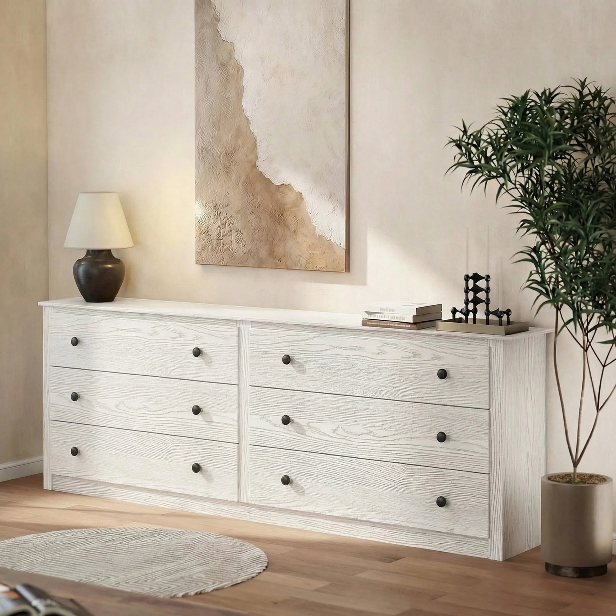 edx 59in Wood Dresser 6 Drawer, Brown Storage Cabinet, Vintage Dresser, Chest of Drawers for Bedroom and Living Room, White