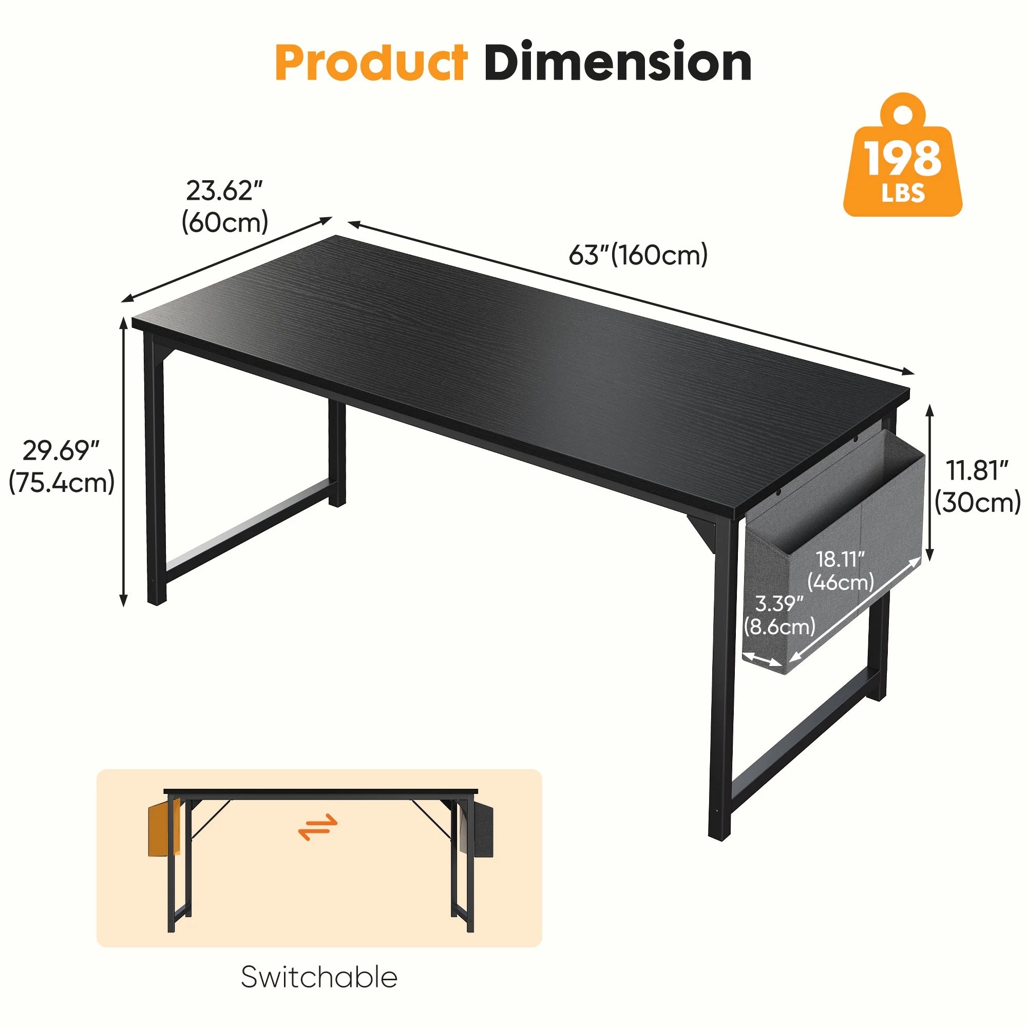 EDX 63" Computer Desk with Metal Frame, Waterproof Surface & Storage Bag – Ideal for Office Use, Black