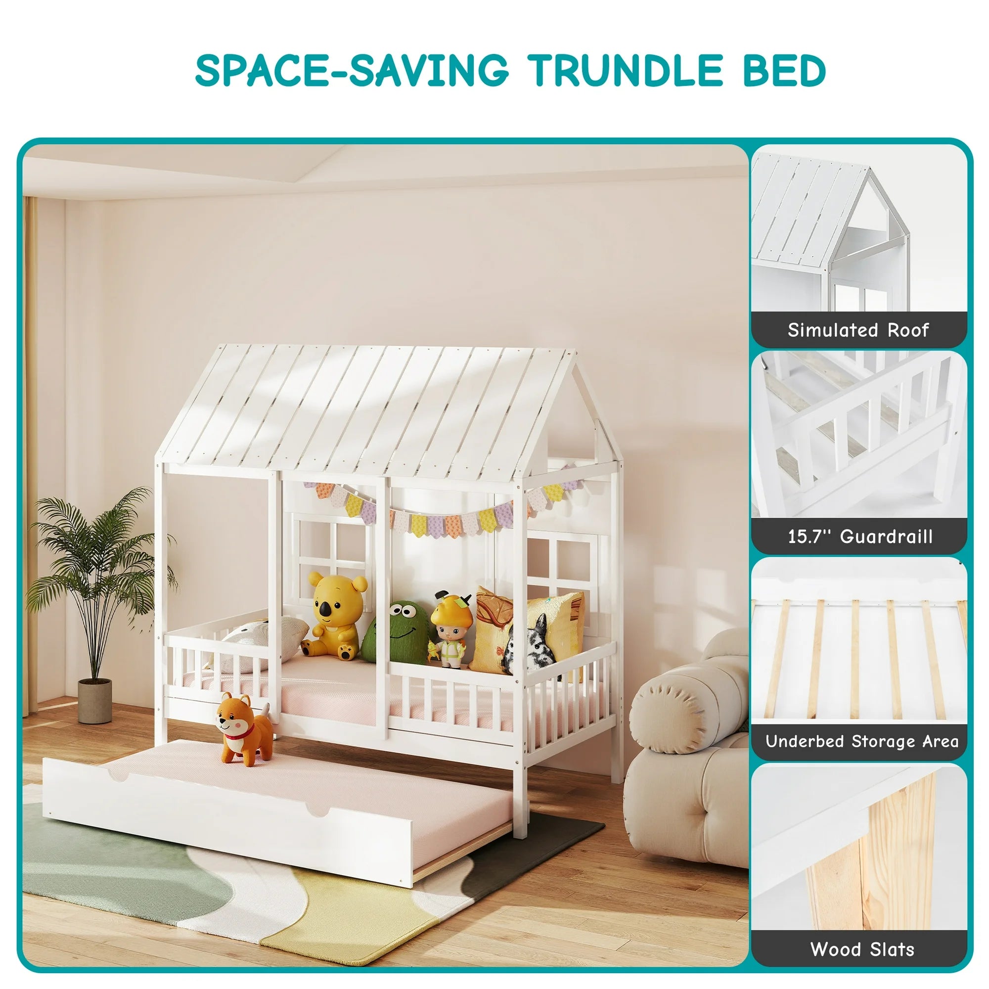 EDX Twin Size Solid Wood House Bed with Trundle ,Guardrails and Slats, Wood House Bed with Roof ,White