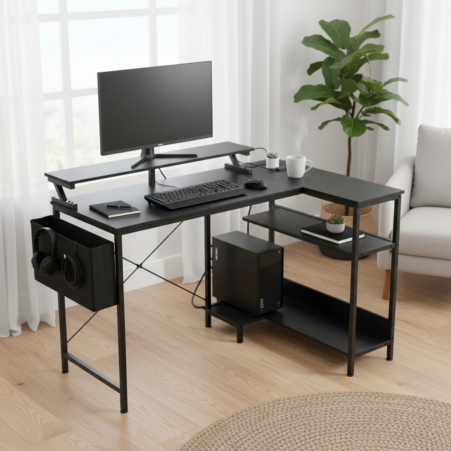 Edx L-Shaped Gaming Desk with USB-C Charging Ports, Smart LED Lights, 3 Storage Shelves & Monitor Stand Electric Corner Computer Desk for Home Office