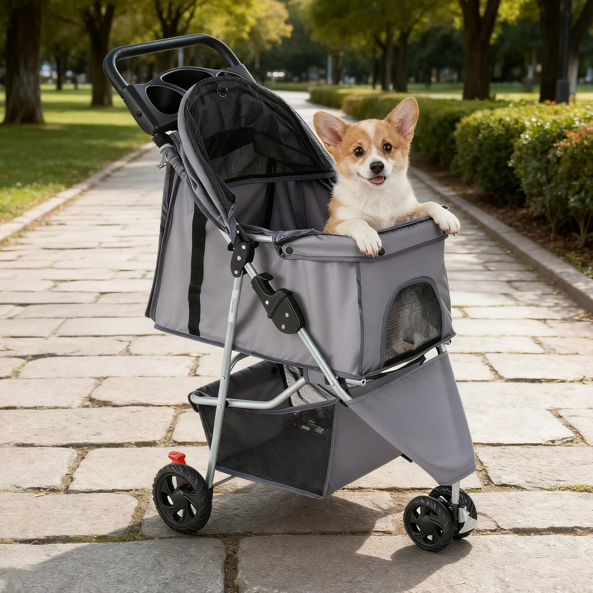 edx 3 Wheels Pet Stroller, Dog and Cat Strollers, With Storage Basket and Cup Holder, Lightweight Travel Carrier, Breathable Mesh, Waterproof and Foldable for Small Pets Outdoor Walk