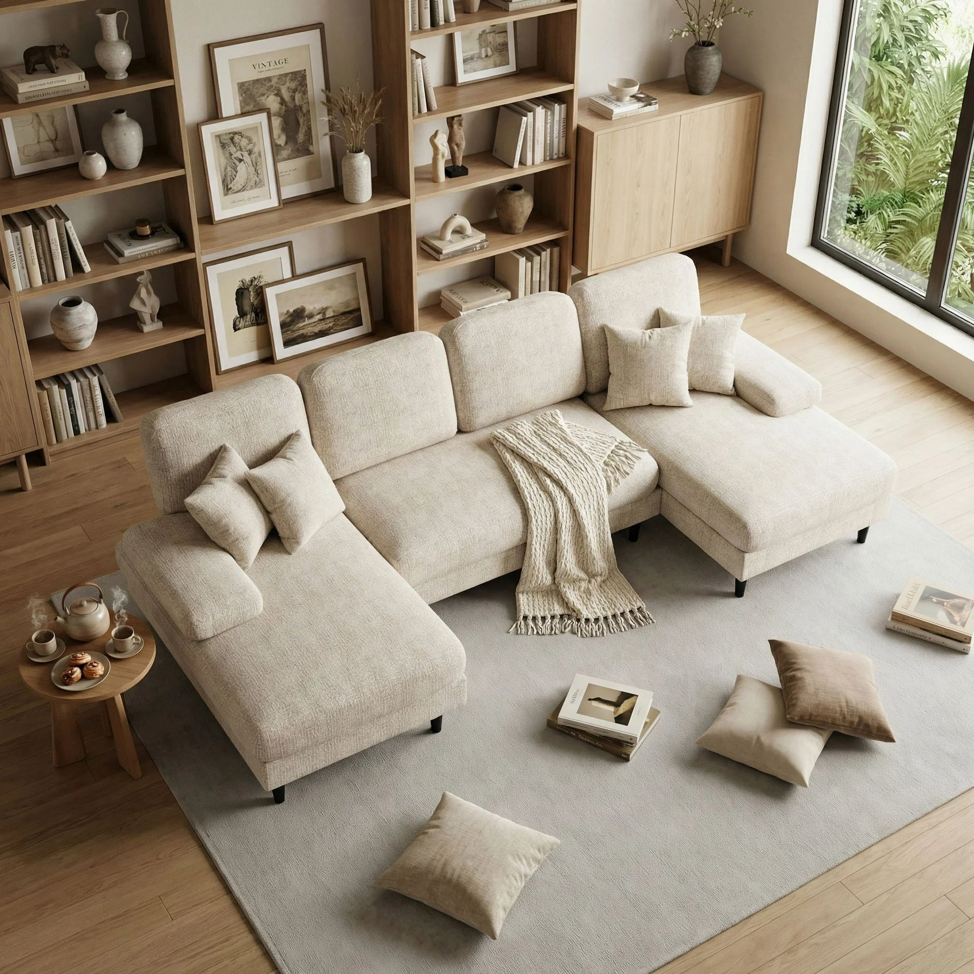 edx 6 Seat Sofa Couch for Living Room, Linen Fabric U-Shaped Sofa Bed with Removable Pillows for Home and Apartment