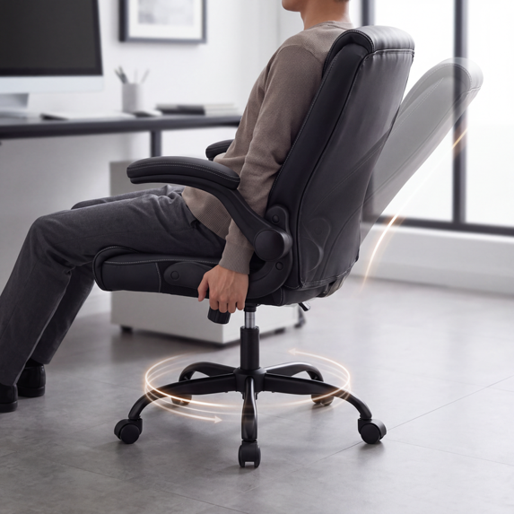 EDX Executive Office Chair, PU Leather Chair with Flip-Up Armrests, Height & Lumbar Support, Ergonomic Computer Desk Chair for Home Office
