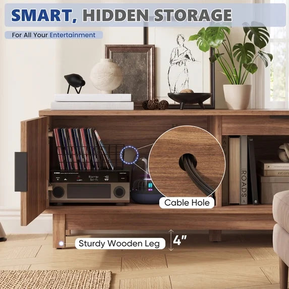 EDX Rattan TV Stand for 70 Inch TV, Media Console with Storage Cabinet & Open Shelves for Living Room, Brown