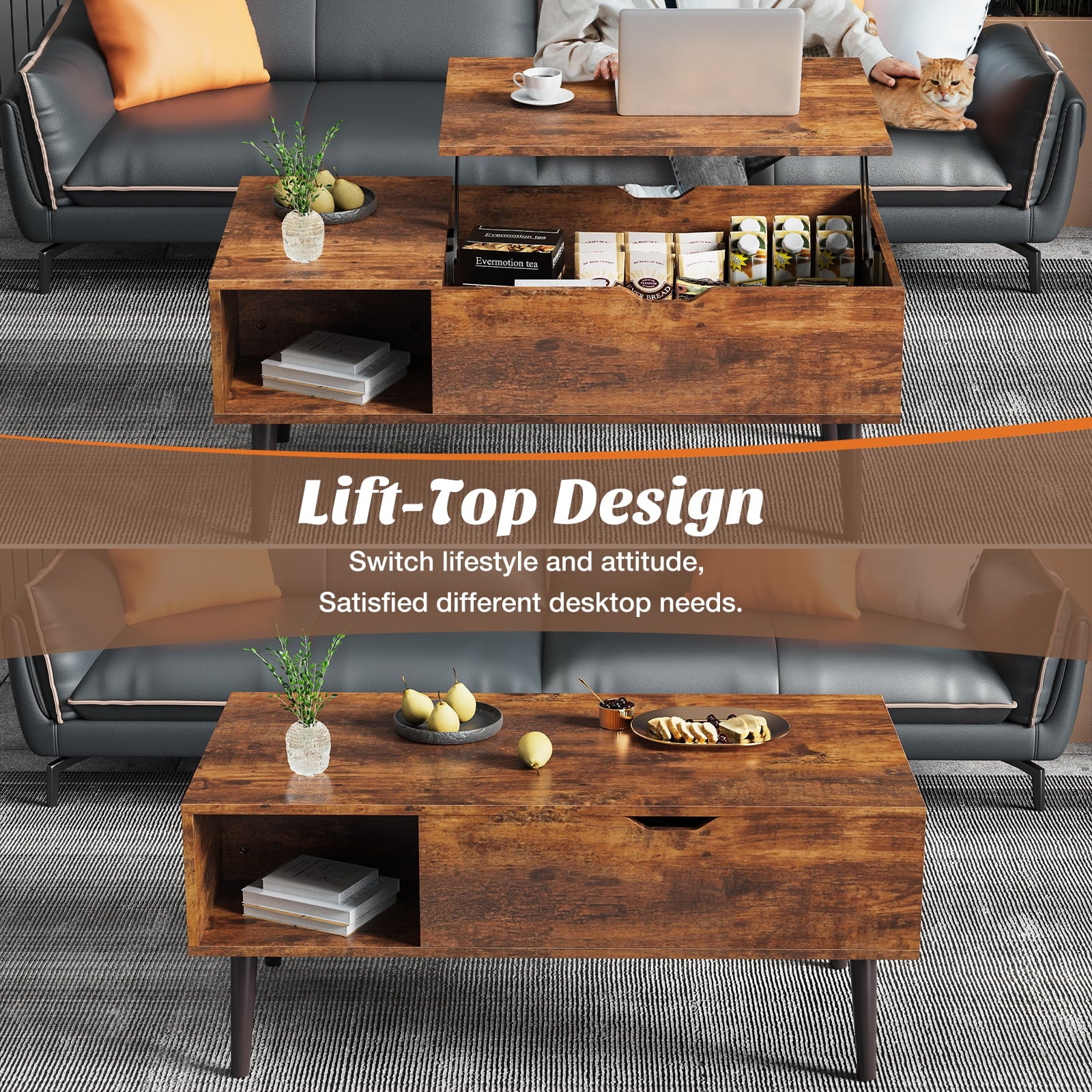 EDX Lift-Top Coffee Table , Adjustable Height Convertible Center Table with Storage, for Living Room