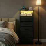 edx 5 Fabric Drawers Nightstand with Charging Station & USB/Type-C Ports and Outlets, Variable Light Strip Bedside End Table with Adjustable Feet for Bedroom, Black