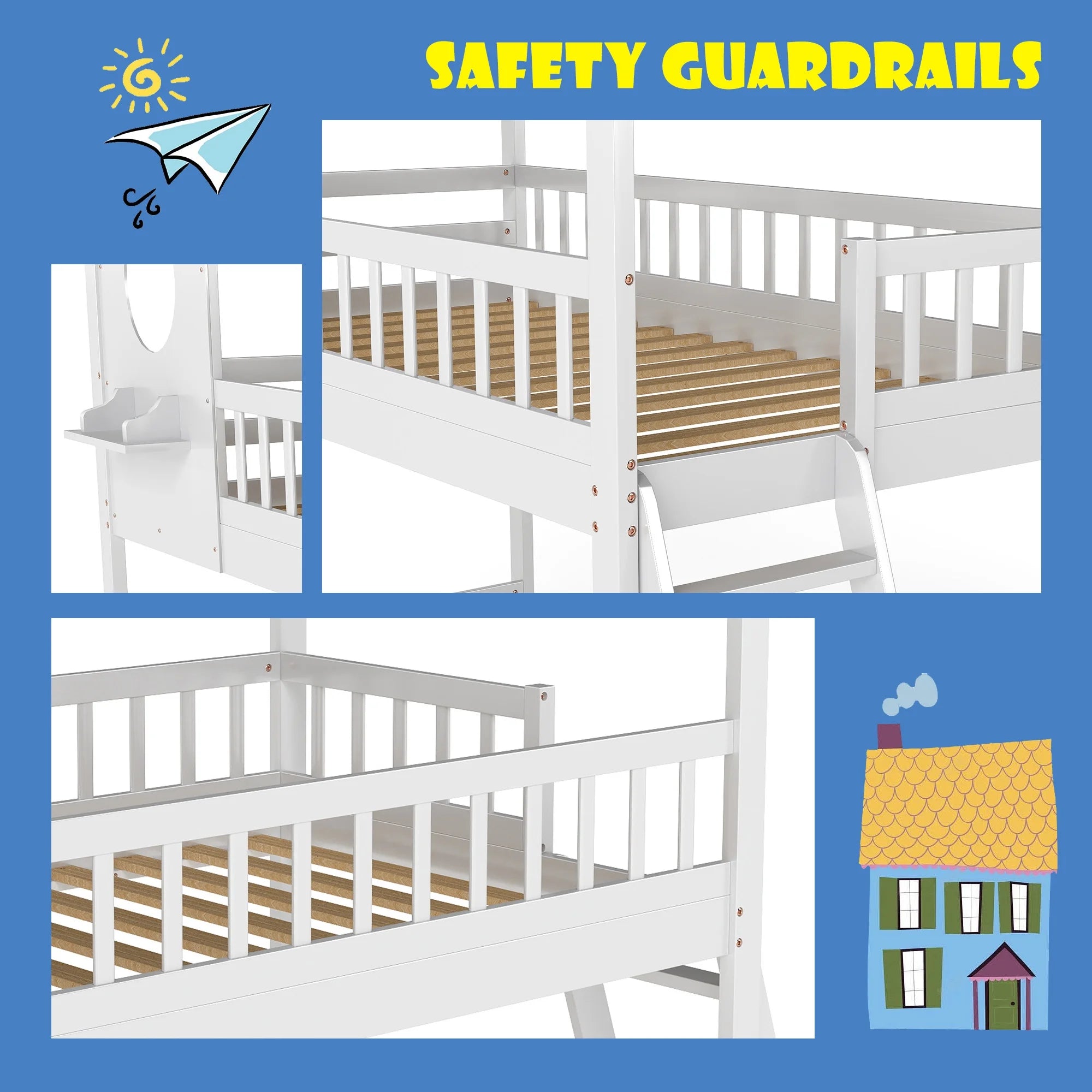 EDX Twin over Twin Wood Bunk Bed with Ladder , Low Loft Bunk Bed with Roof & Guardrails ,Easy Assembly, White
