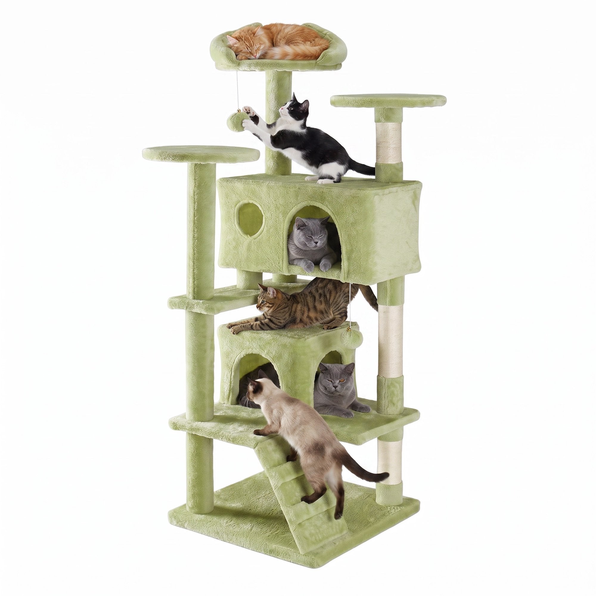 EDX 54 Inch Multi-Level Cat Tree for Large Indoor Cats - Sturdy Cat Tower with Sisal Scratching Posts, 2 Cozy Condos & Play Toys, Cat Furniture for Active Adult Cats & Kittens, Green