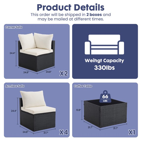 EDX 7 Piece Outdoor Wicker Patio Furniture Set, PE Rattan Sectional Conversation Set with Tempered Glass Coffee Table, Washable Cushions & Pillows for Backyard, Garden, Poolside