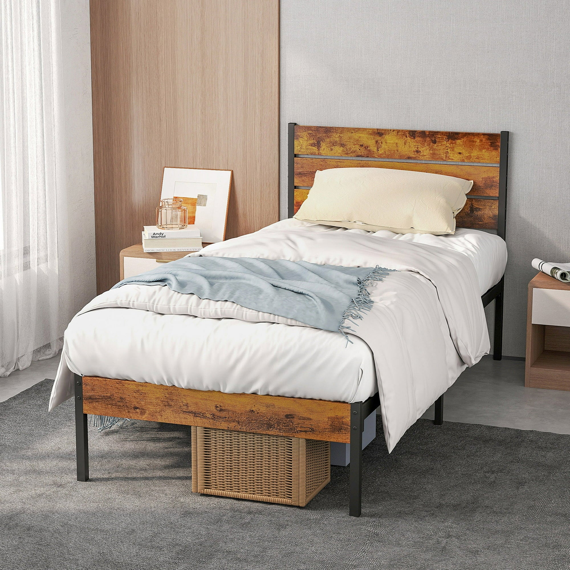 edx Twin Size Metal Bed Frame with Wooden Headboard, Under Bed Storage, Noise-Free, No Box Spring Needed, Easy Assembly, Brown