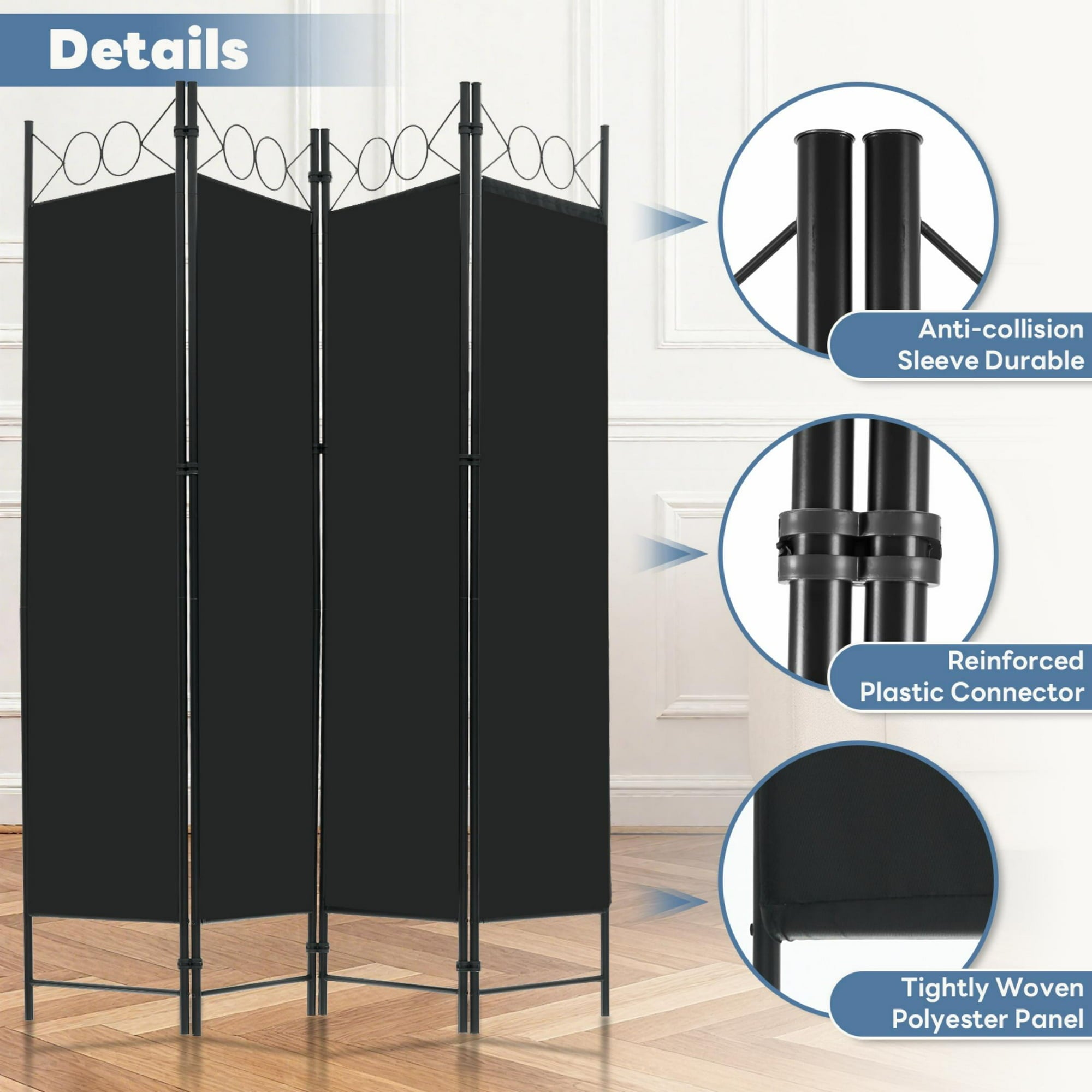 EDX 4 Panel Partition Room Divider, 6 Ft Tall Folding Privacy Screen with Steel Frame, Freestanding, Easy Move & Storage, For Home, Office, Bedroom, Black