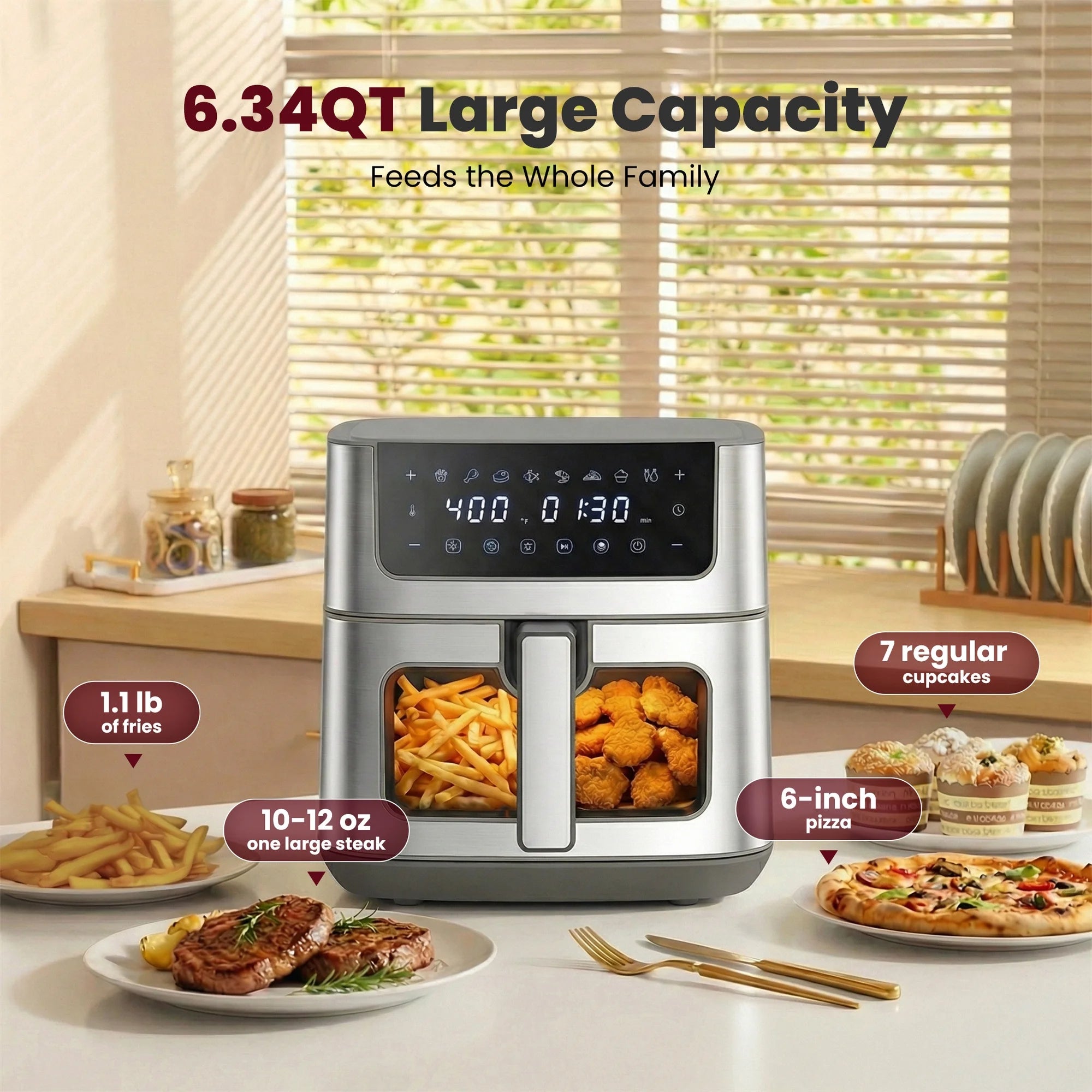 EDX 6QT Stainless Steel Air Fryer with Digital Touchscreen, 1500W, 8 Presets, Dishwasher Safe Basket, 90 Min Timer, 24H Delay Start