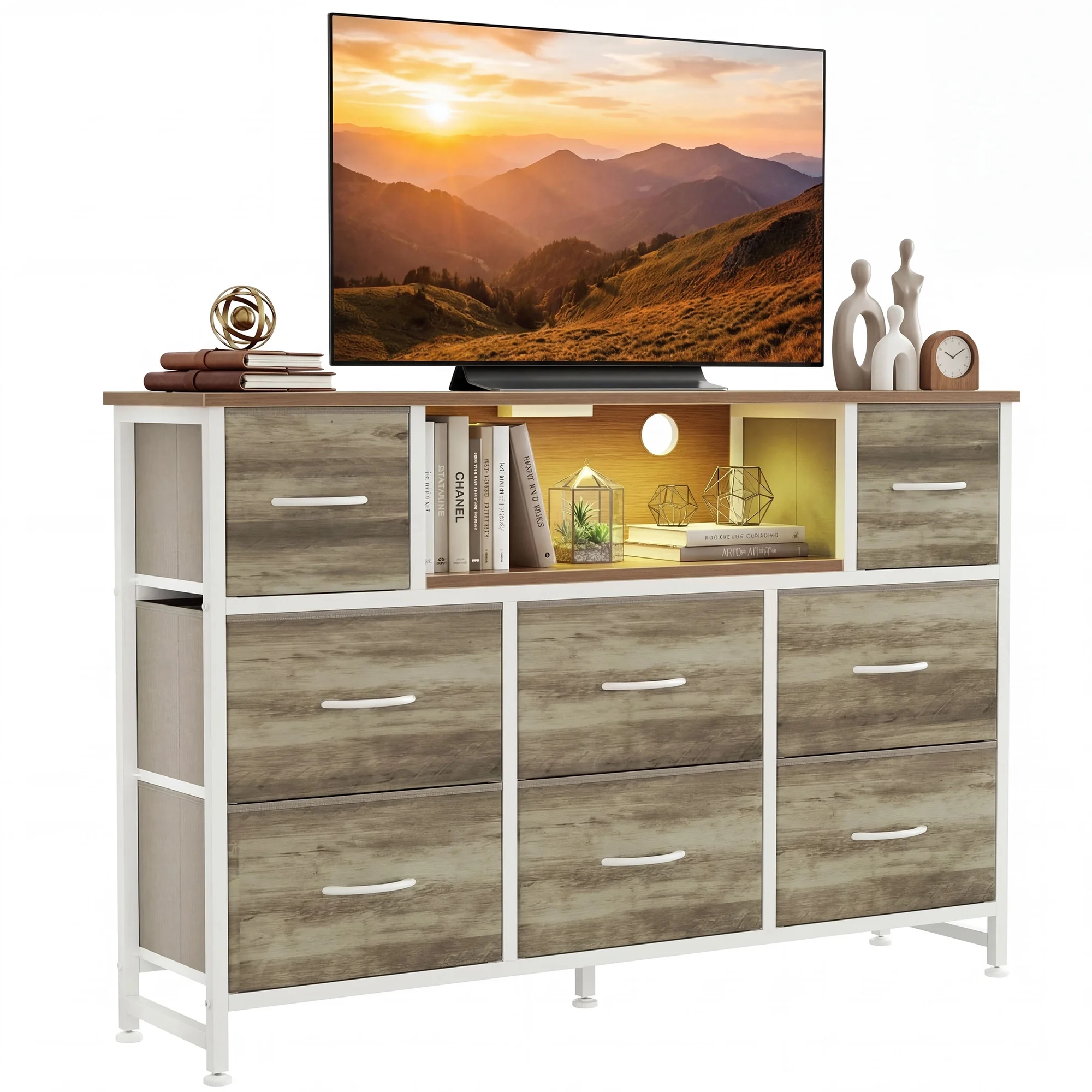 edx TV Stand with 8 Fabric Drawers, Open Shelves & LED & Power Outlets for Bedroom, Living Room, Entryway, Wood Top