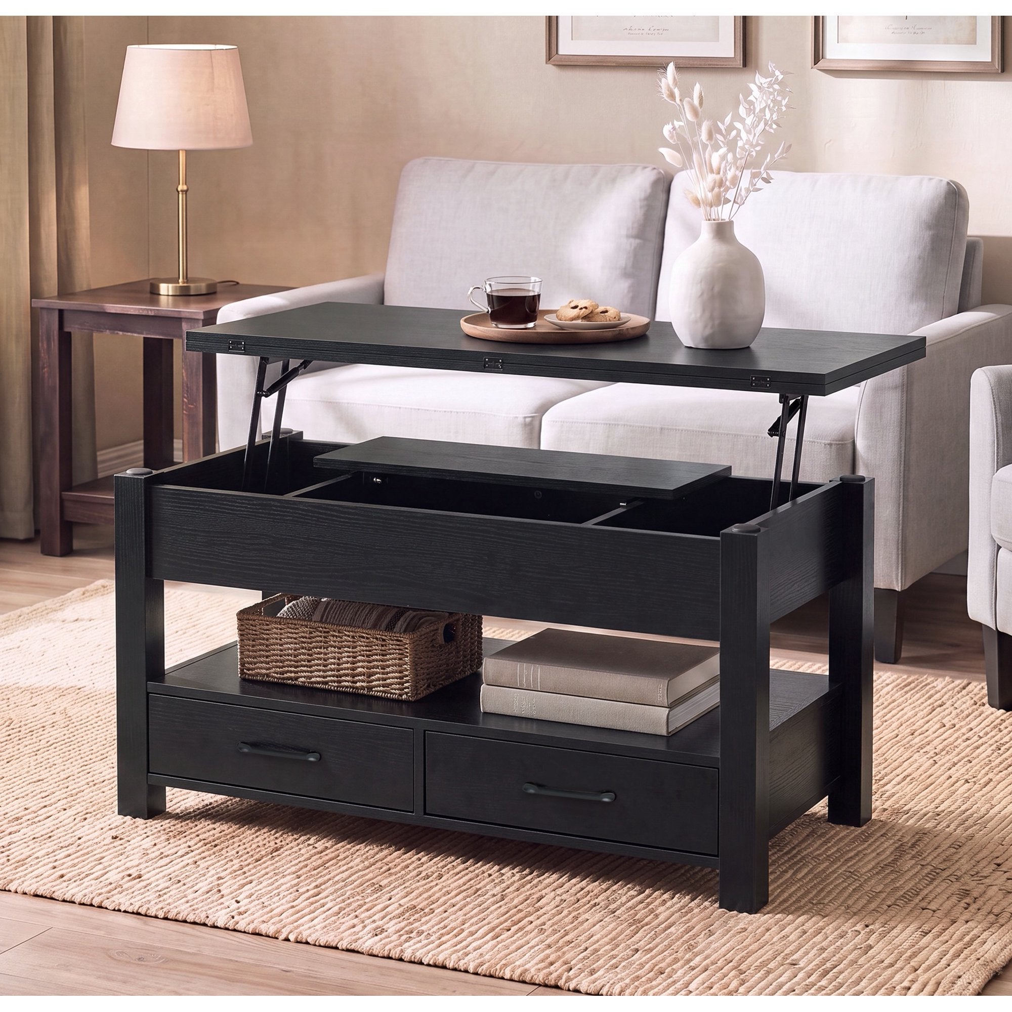 edx Multi-Function Convertible Coffee Table with 2 Drawers and Ample Hidden Compartment, Adjustable Lift Top Converts to Dining Table, Farmhouse Table for Living Room Home Office