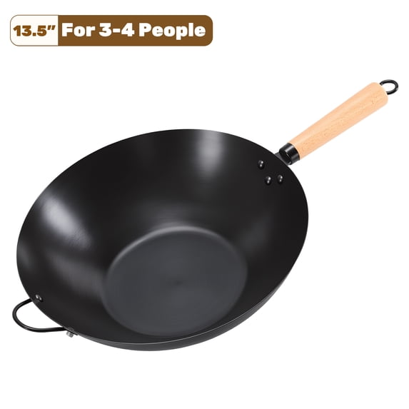 edx 13.5" Carbon Steel Wok Pan, Nonstick Stir-fry Pan, Pre-Seasoned Flat Bottom Chinese Wok, Compatible with Induction, BBQ & Camping Cookware