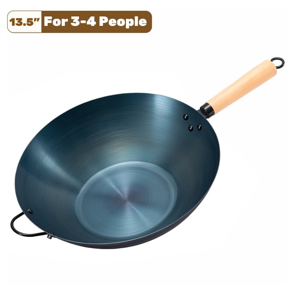 edx 13.5" Carbon Steel Wok Pan, Nonstick Stir-fry Pan, Pre-Seasoned Flat Bottom Chinese Wok, Compatible with Induction, BBQ & Camping Cookware