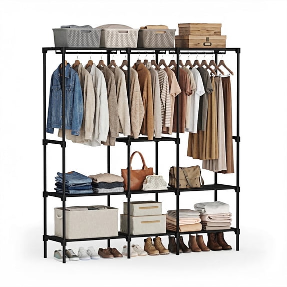 edx 3-Column Portable Closet Wardrobe, Heavy Duty Clothes Storage Organizer with Hanging Rods and Shelves for Bedroom, Living Room, Entryway