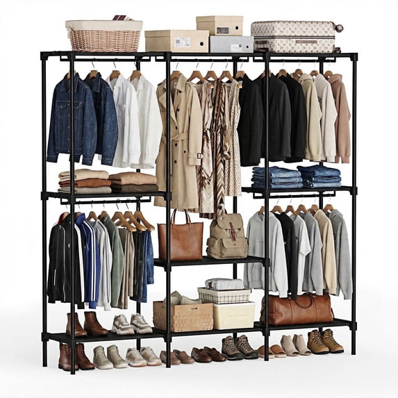 edx 3-Column Portable Closet Wardrobe, Heavy Duty Clothes Storage Organizer with Hanging Rods and Shelves for Bedroom, Living Room, Entryway
