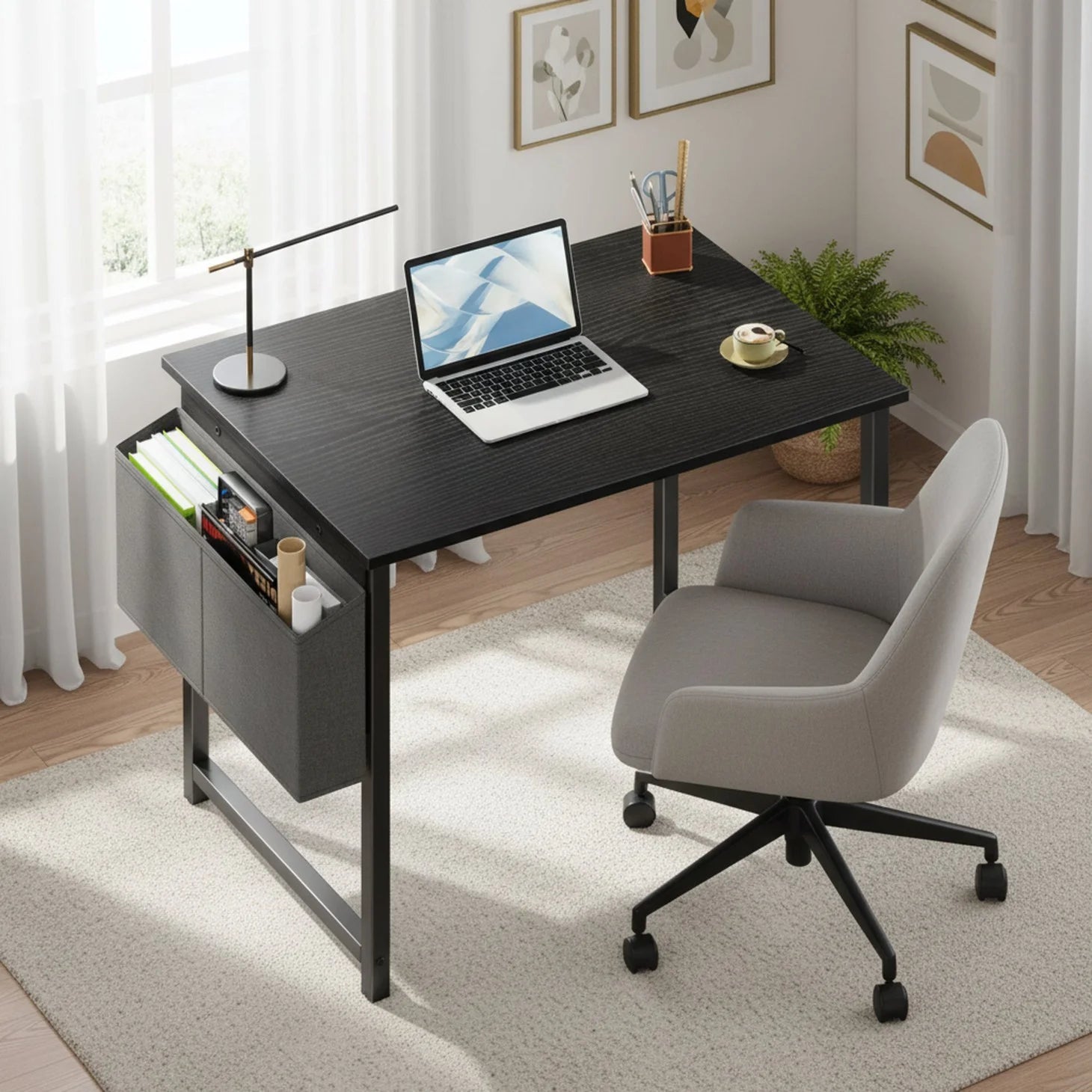 edx Home Office Desk, Computer Desk with Storage Bag & Hook, Waterproof Top & Metal Frame, Modern Simple Study Writing Table for Bedroom