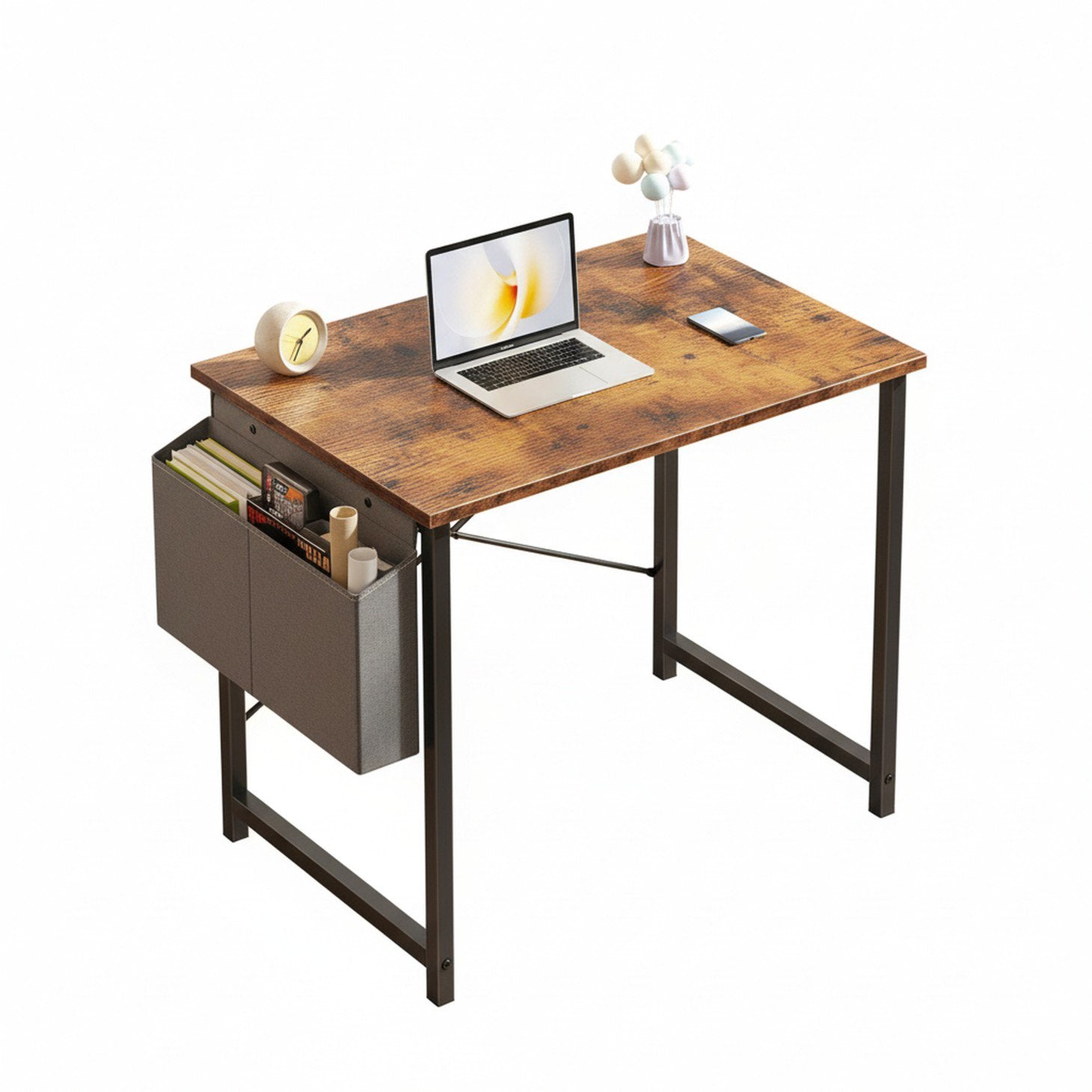 edx Home Office Desk, Computer Desk with Storage Bag & Hook, Waterproof Top & Metal Frame, Modern Simple Study Writing Table for Bedroom