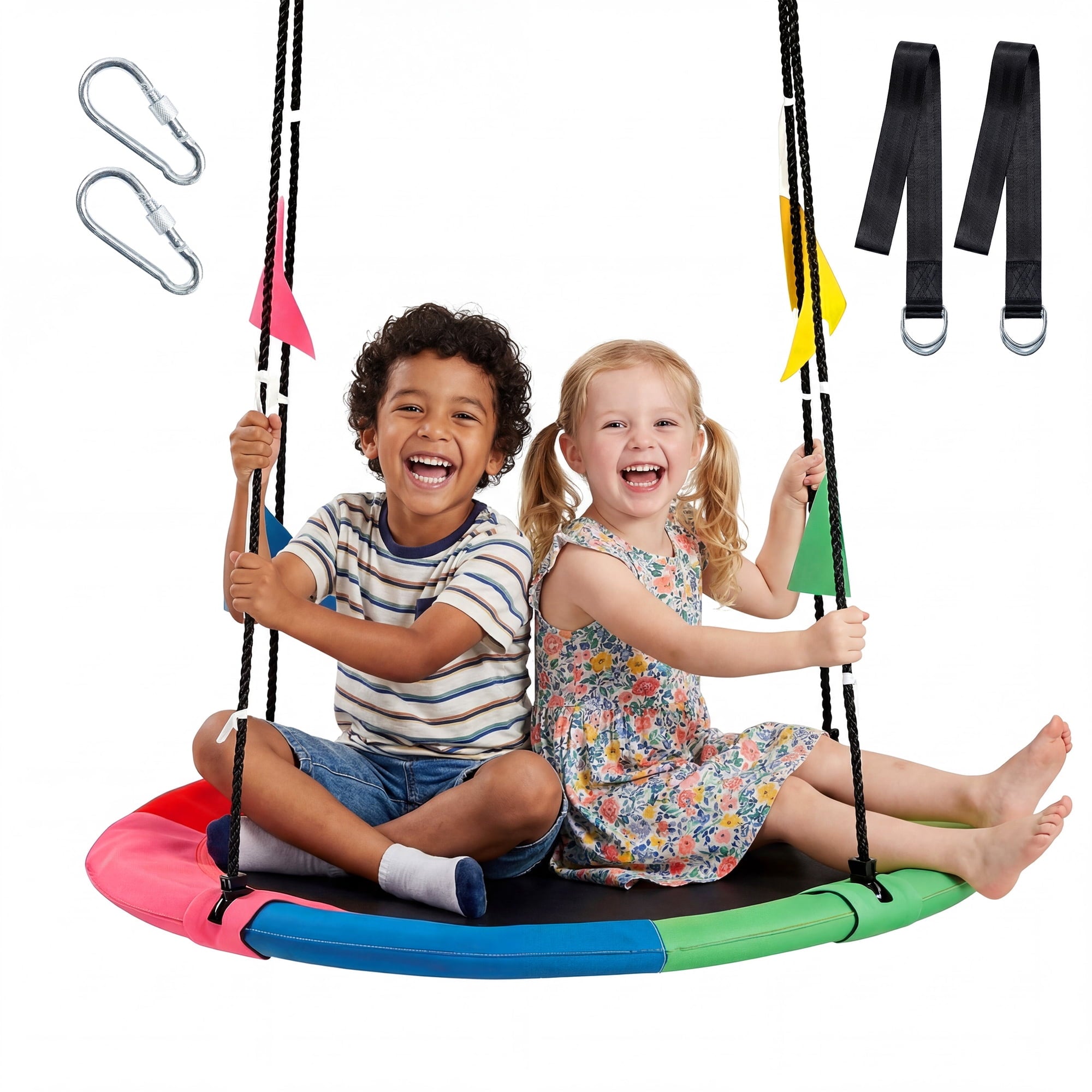 edx 40" Flying Saucer Swing for Kids, 33"-63" Adjustable Height Tree Swing with 4 Detachable Velcro Flags, Outdoor Swing Sets for Backyard