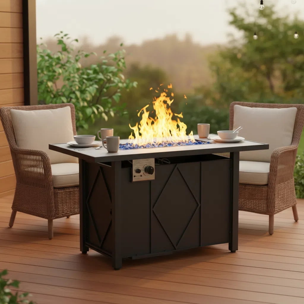 edx 43" Propane Fire Pit Table with Lid & Blue Glass Rock, 50,000 BTU Outdoor Rectangular Steel Gas Fire Pit with Waterproof Cover for Patio, Backyard and Deck, Black