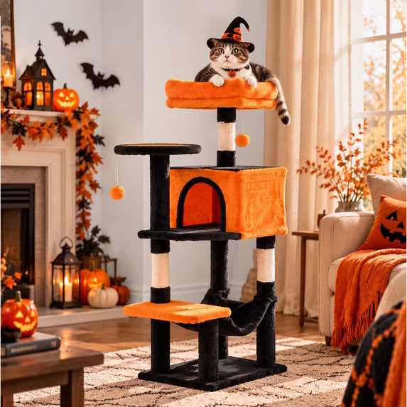 edx Christmas Multi‑Level Cat Tree, Cat Tower with Natural Sisal Scratching Posts, 4 Spacious Tiers & Hanging Toy for 1‑2 Cats & Active Cats