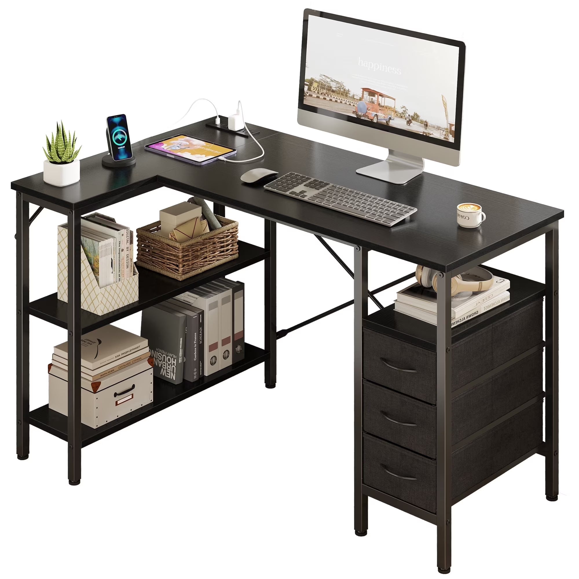 EDX L Shaped Desk with Power Outlets, Computer Desk with 3 Drawers, Shelves, Monitor Stand, for Gaming, Corner Work, Home Office, Study