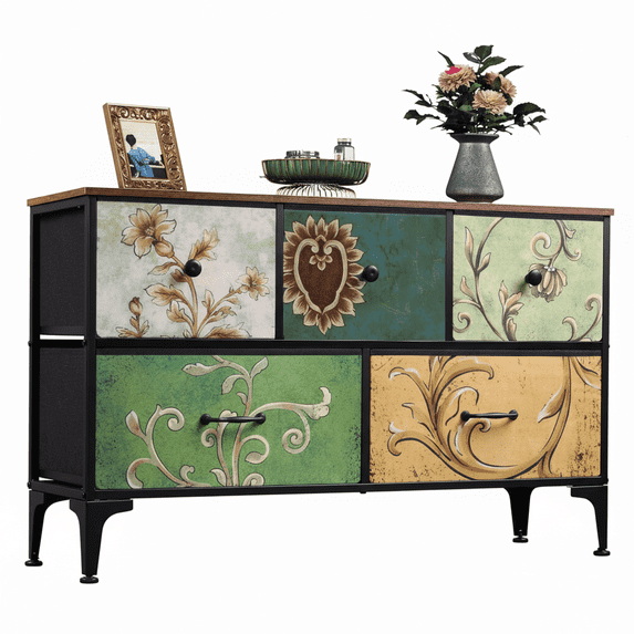 edx Fabric Dresser, Retro Flower Design, Sturdy Steel Frame, Wood Top, and Non Deformable Drawer Panels for Bedroom, Closet, Living Room, Hallway, Nursery