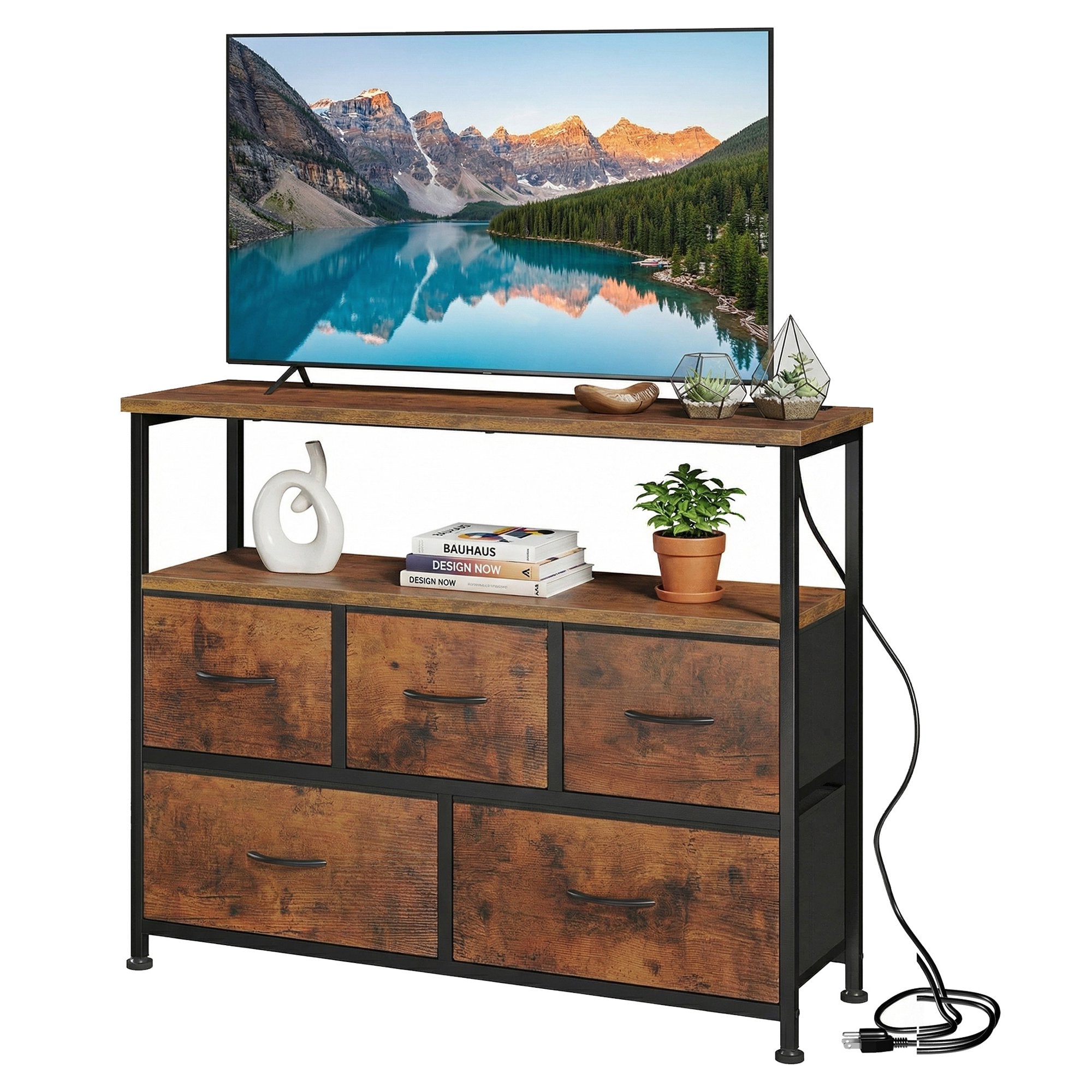 edx 5 Drawers TV Stand Dresser for 45" TV, Media Console with Charging Station & 2 Shelves, Storage Organizer for Bedroom Living Room, Rustic Brown