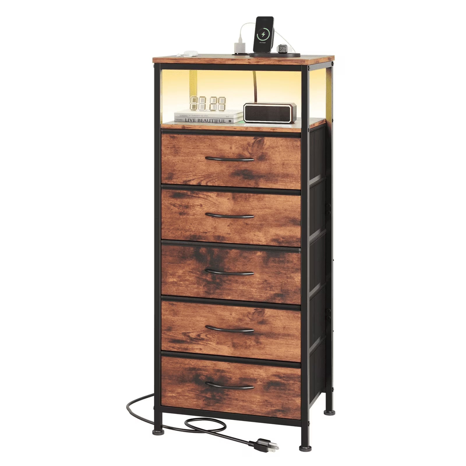 edx Fabric Drawers Nightstand with Charging Station & USB/Type-C Ports and Outlets, Variable Light Strip Bedside End Table with Adjustable Feet for Bedroom