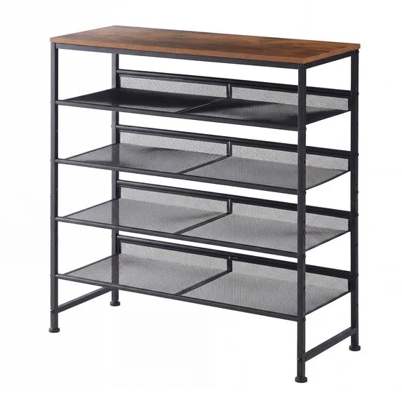 edx 5-Tier Metal Shoe Rack Organizer for Entryway, 16-20 Pairs Shoe Storage Shelf, Black with Wooden Top