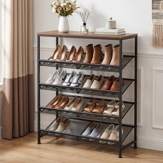 edx 5-Tier Metal Shoe Rack Organizer for Entryway, 16-20 Pairs Shoe Storage Shelf, Black with Wooden Top