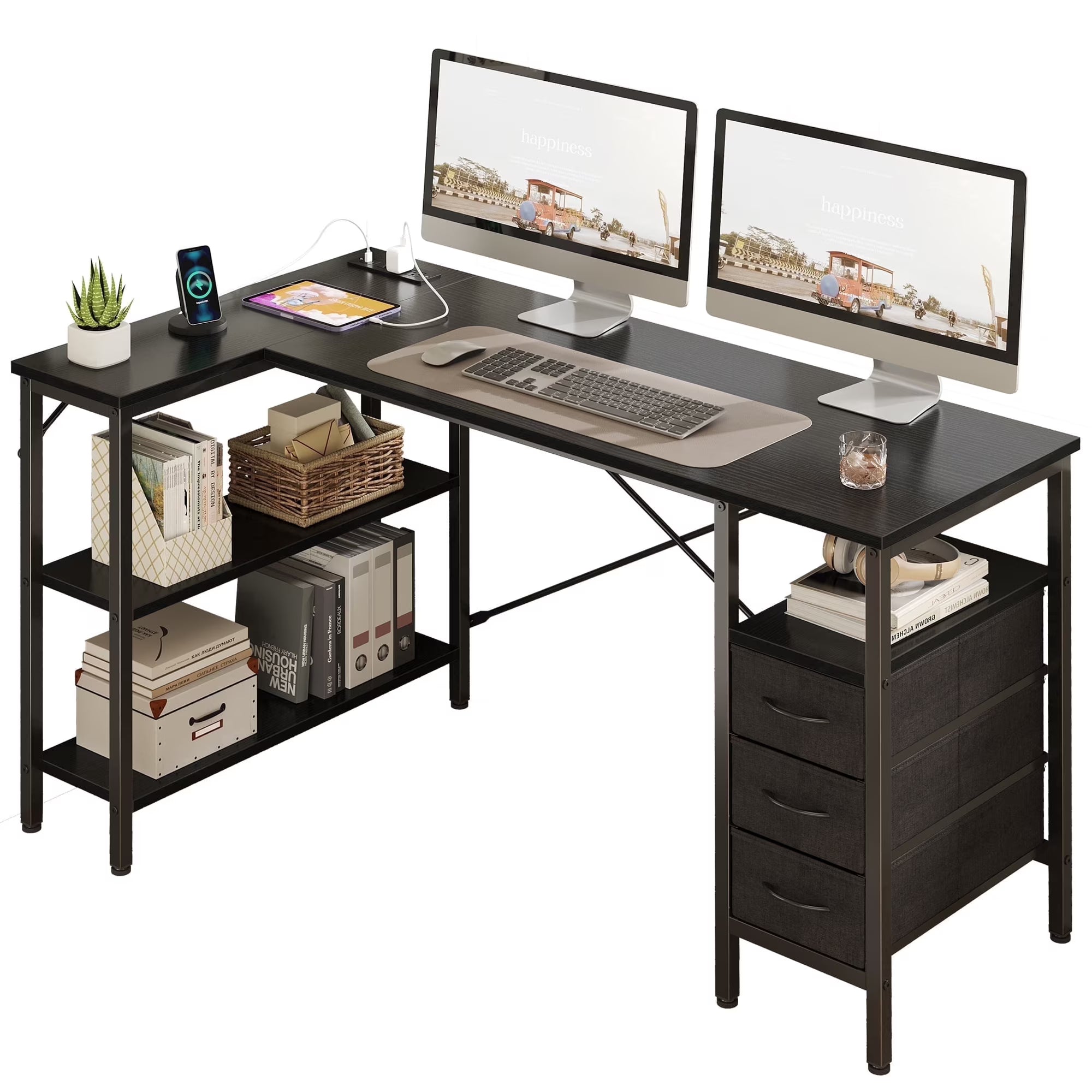 EDX L Shaped Desk with Power Outlets, Computer Desk with 3 Drawers, Shelves, Monitor Stand, for Gaming, Corner Work, Home Office, Study