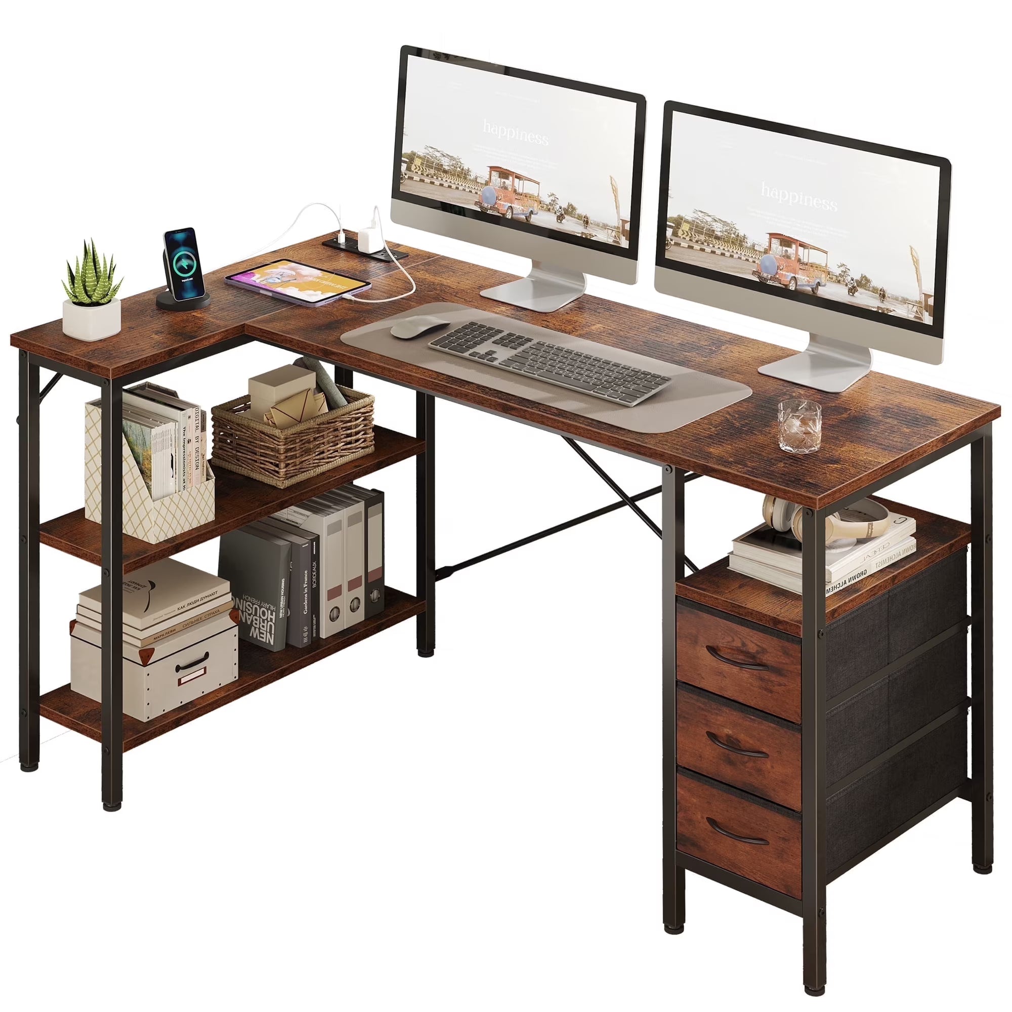 EDX L Shaped Desk with Power Outlets, Computer Desk with 3 Drawers, Shelves, Monitor Stand, for Gaming, Corner Work, Home Office, Study