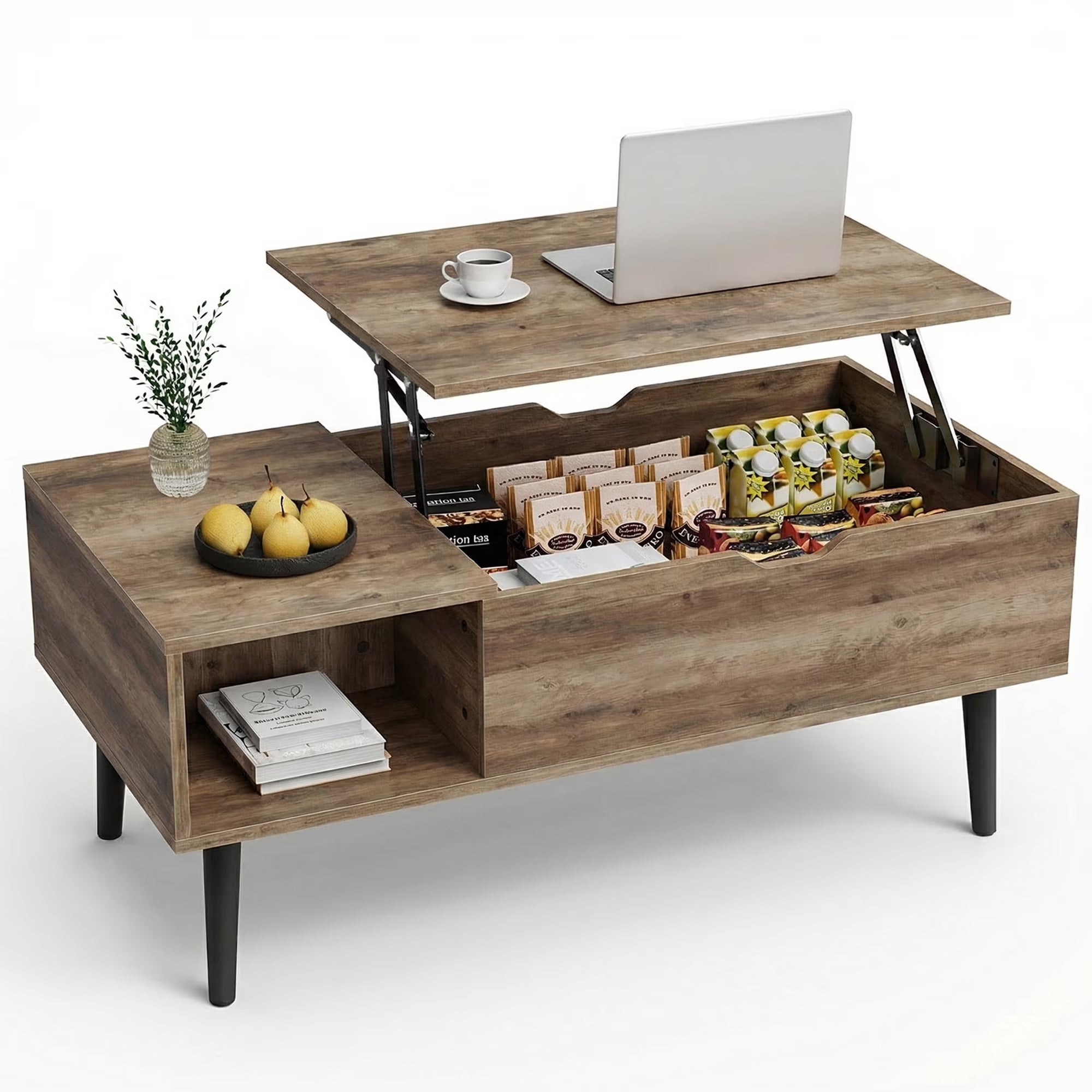 edx Wooden Lift Top Coffee Table with Hidden Compartments and Adjustable Shelves - Ideal for Small Homes, Apartments, Reception Rooms