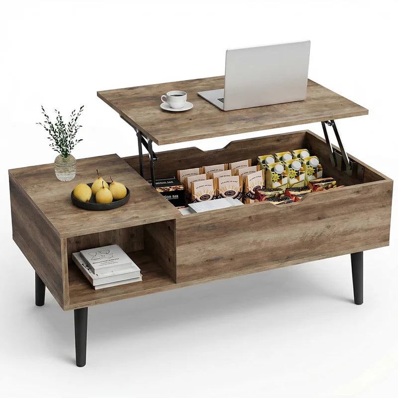 edx Wooden Lift Top Coffee Table with Hidden Compartments and Adjustable Shelves - Ideal for Small Homes, Apartments, Reception Rooms