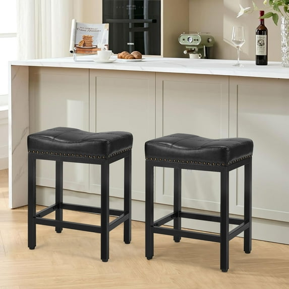 edx Bar Stools Set, Modern Counter Height, 24 Inch Kitchen Barstools with Metal Base, PU Leather Saddle Seats for Kitchen Island