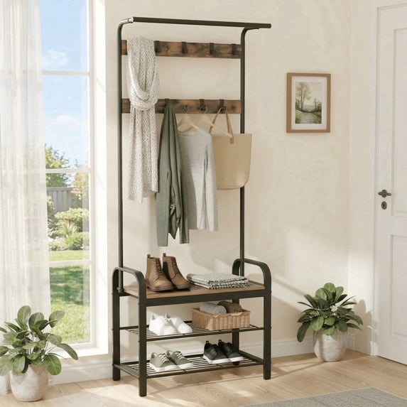 edx 4-in-1 Coat Rack with Shoe Bench and Hall Tree, entryway bench with 10 Removable Coat Hooks, Sturdy Steel & Wood Entryway Organizer, Anti-Tip Design