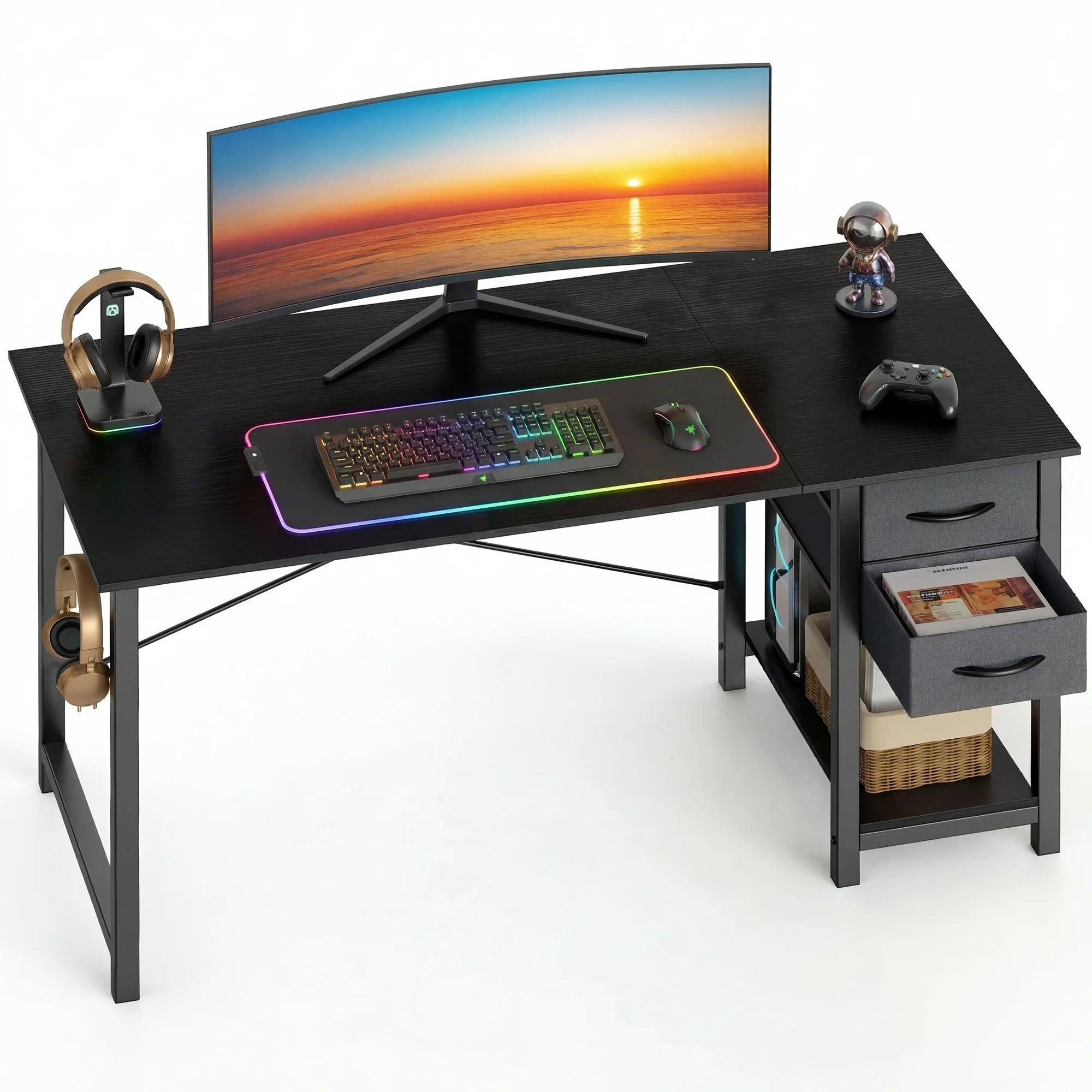 edx Computer Desk with 2 Drawers PC Table Study Writing Desk with Storage Shelf Headphone Hook, Simple Style Small Desk for Home