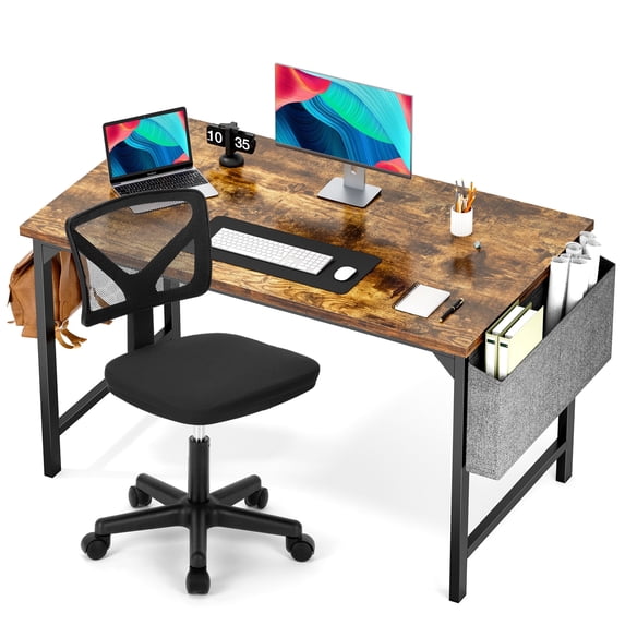 edx Computer Desk and Home Office Chair Set, Writing Table with Storage Bag & Armless Mesh Desk Chair For Home