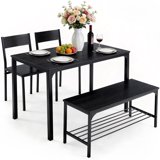 edx Dining Table and 2 Chairs for 4, Dining Bench with Metal Frame & Storage Rack, Space-Saving Ideal 4-Person Kitchen Table Set for Dinette, Small Space, Apartment, Restaurant